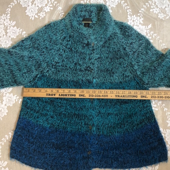 Sigrid Olsen Sport Cardigan Sweater Eyelash Blues & Greens Sz L Raglan Sleeves - Picture 11 of 12